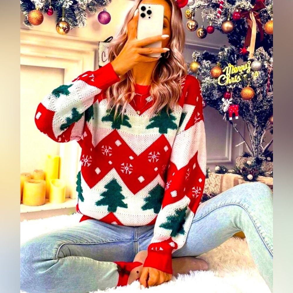 Holiday Red White Sweater Green Christmas trees size small, holiday new years